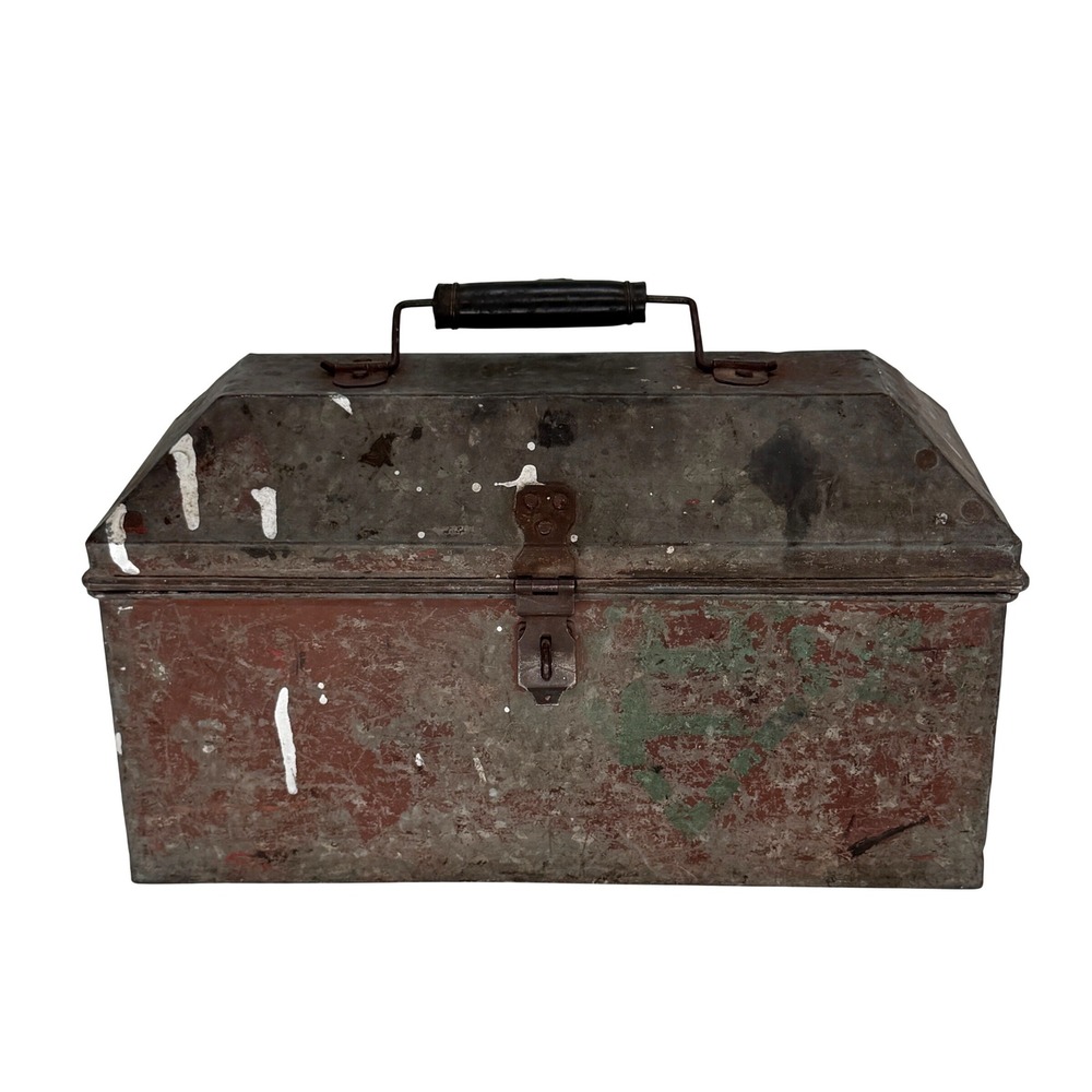 Vintage Metal Toolbox Industrial Barn Top Steel Storage Chest Patina 15x7x10